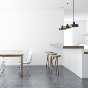 concrete floor set up in kitchen